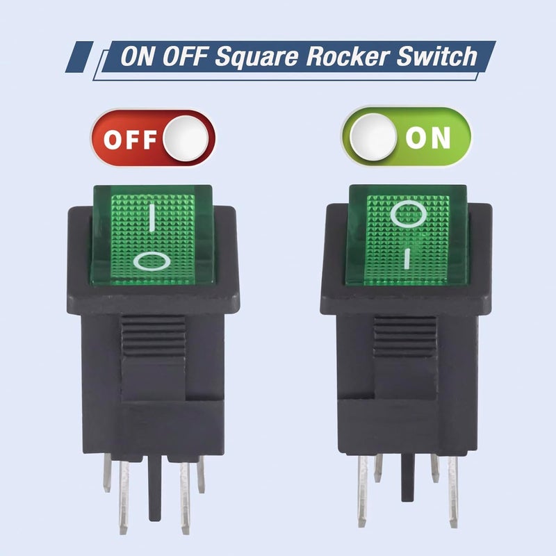 VEXUNGA 4 Pin Mini Rocker Switch On Off 10A 250V AC DPDT Lighted Illuminated Boat Rocker Toggle Switch 2 Position KCD1 Snap Square Switches with Green Light for Car Marine (Pack of 10pcs) - Image 3
